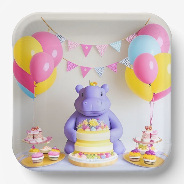 Colourful Celebration with Adorable Hippo Paper Plate (Front)