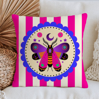 Colourful Celestial Moth Pink Stripes Mystical Throw Pillow
