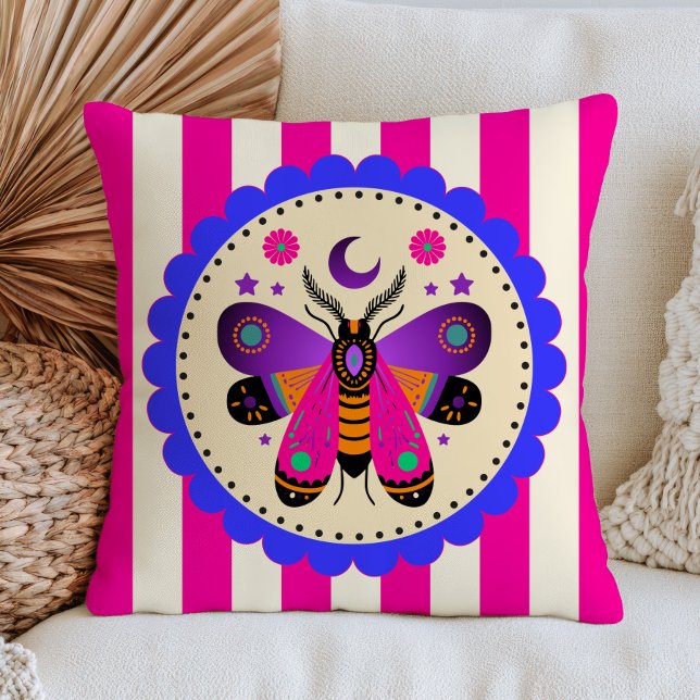 Colourful Celestial Moth Pink Stripes Mystical  Throw Pillow (Creator Uploaded)