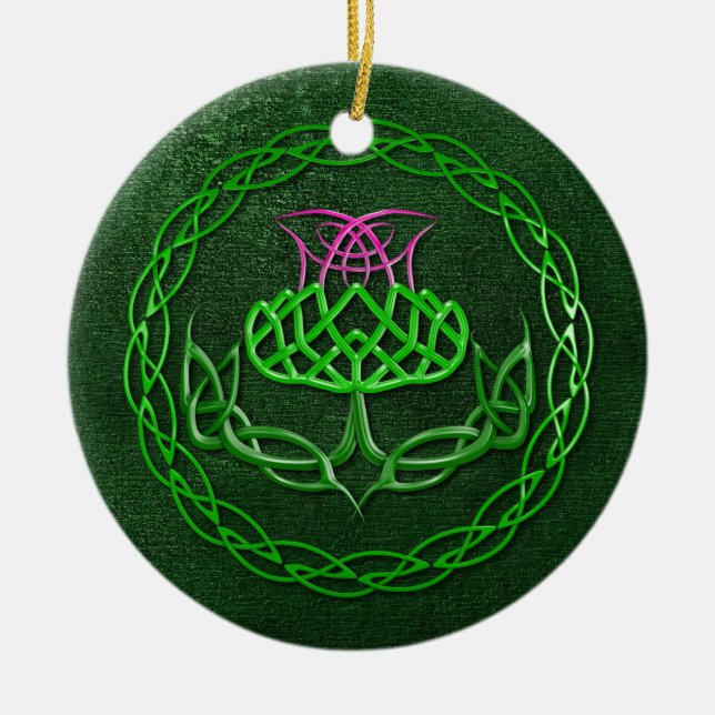 Colourful Celtic Knot Thistle Ceramic Ornament (Front)