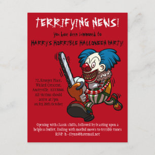 Colourful Chainsaw Clown Halloween Party Cartoon Invitation