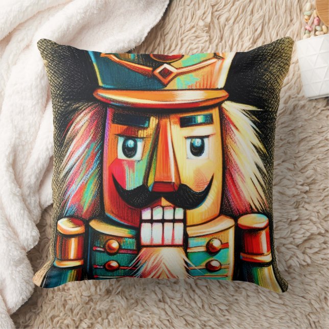 Colourful Chalk Drawing Christmas Nutcracker Throw Pillow (Blanket)