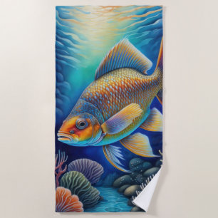 Colourful Chalk Drawing of Fish Beach Towel