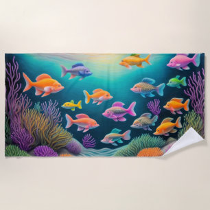Colourful Chalk Drawing of Fish Reef Scene Beach Towel