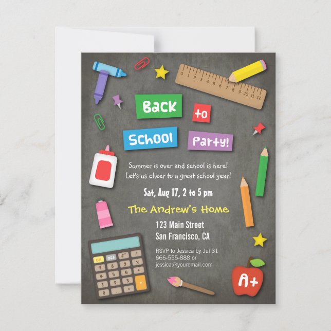 Colourful Chalkboard Back to School Party Invitation (Front)