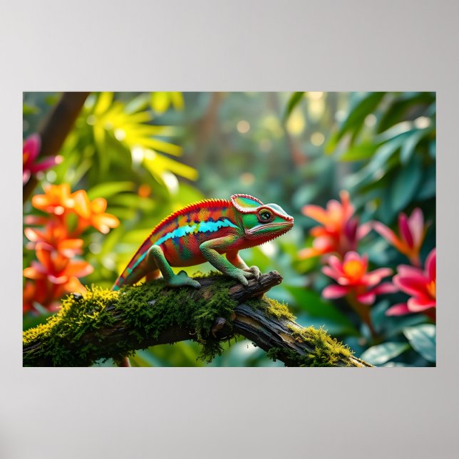 Colourful Chameleon Surrounded by Lush Foliage Poster (Front)