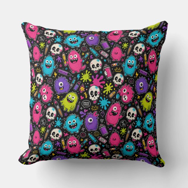 Colourful Chaos Art Monster Pattern Throw Pillow (Front)