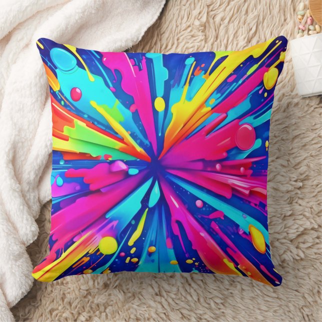 Colourful Chaos: Paint Splatter Abstract Art Throw Pillow (Blanket)
