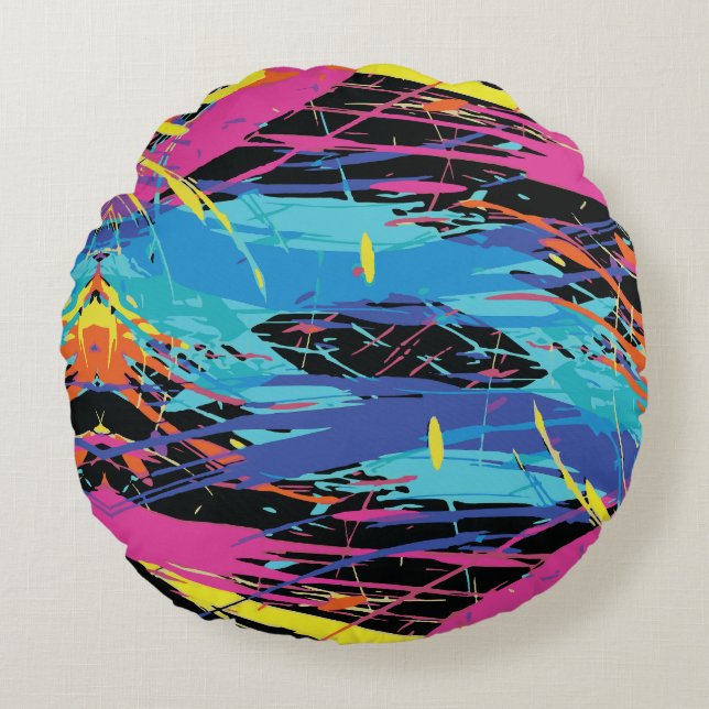 Colourful Chaos: Splashes and Lines Round Pillow (Front)