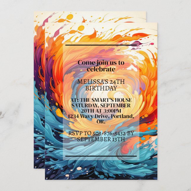 Colourful Chaotic Ripple Print Birthday Party Invitation (Front/Back)