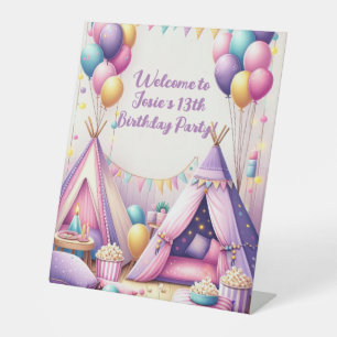Colourful Charming Teepee Birthday Sleepover Party Pedestal Sign