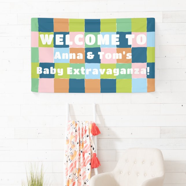 Colourful Checkers Block Pattern Baby Shower Banner (Insitu)