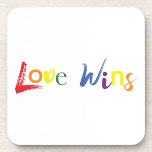 Colourful, cheerful, creative design of Love Wins Coaster