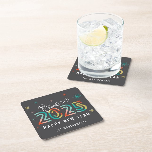 Colourful Cheers to 2025 Starbursts Happy New Year Square Paper Coaster (Insitu)