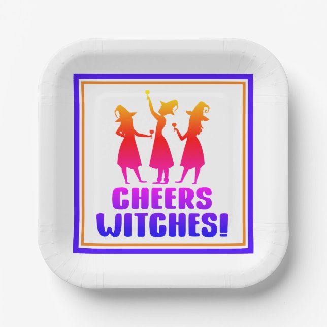 Colourful Cheers Witches Funny Halloween Party  Paper Plate (Front)