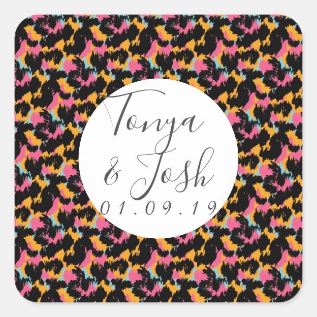 Colourful Cheetah Print Pattern Modern Wedding Square Sticker (Front)