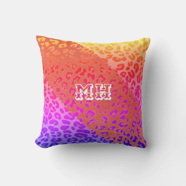 Colourful Cheetah Print Rainbow Initials Monogram  Throw Pillow (Front)