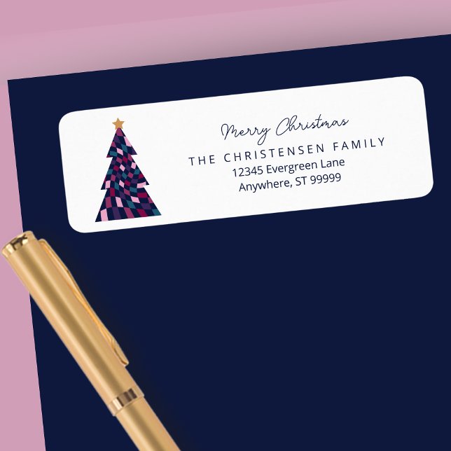 Colourful Chequerboard Christmas Tree Address Labe (Shown as Return Address Labels)