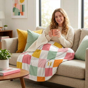 Colourful Chequerboard Monogram Sherpa Blanket