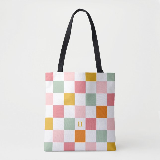 Colourful Chequerboard Monogram Tote Bag (Front)