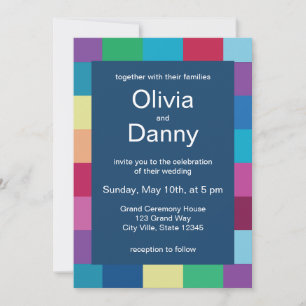 Colourful Chequerboard Pattern Modern Wedding Invitation