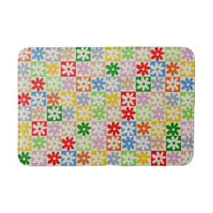 Colourful Chequered Floral Flower Pattern Bath Mat