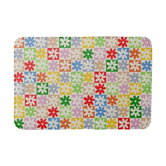 Colourful Chequered Floral Flower Pattern Bath Mat (Front)