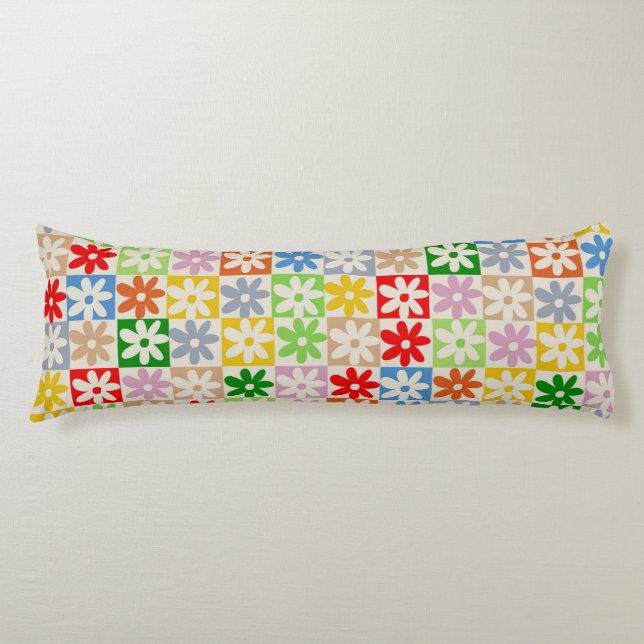 Colourful Chequered Floral Flower Pattern Body Pillow (Front)