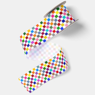 Colourful Chequered Pattern Design White Satin Ribbon