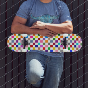 Colourful Chequered Pattern Design White Skateboard