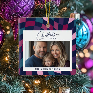 Colourful Chequered Photo Christmas Ceramic Ornament
