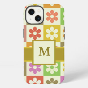 Colourful Chequered Retro Flowers Monogrammed  iPhone 13 Case