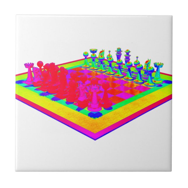 Colourful Chessboard and Chess Pieces Tile (Front)