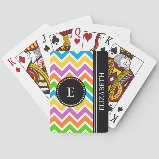 Colourful Chevron Black Monogram Name Custom Playing Cards (Back)