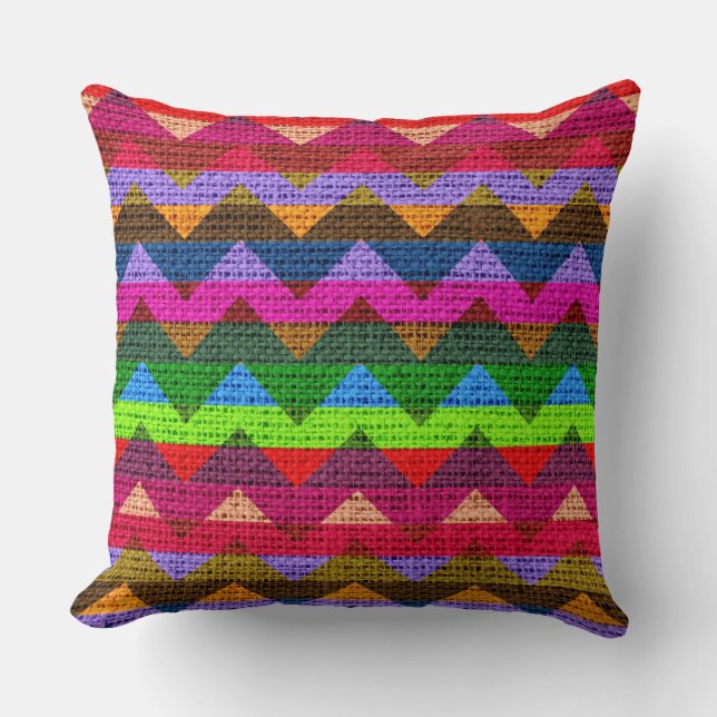Colourful Chevron Pattern Burlap Jute Throw Pillow (Front)