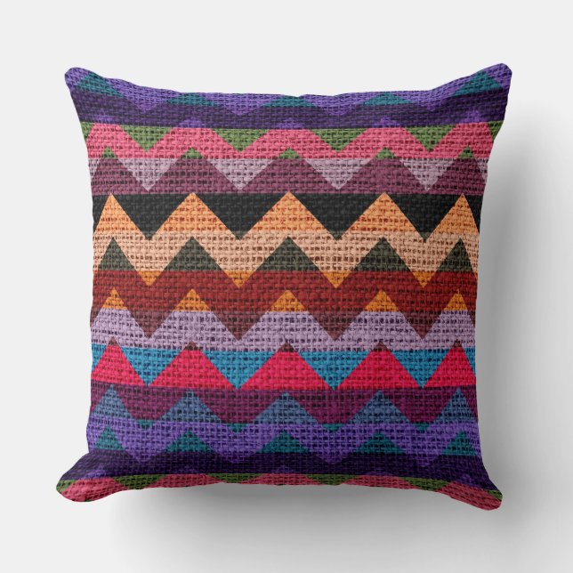 Colourful Chevron Pattern Burlap Rustic Jute #5 Throw Pillow (Front)