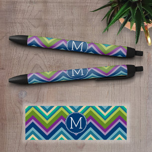 Colourful Chevron Pattern Custom Monogram Black Ink Pen