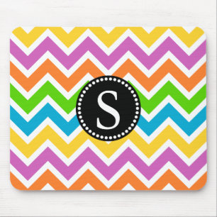 Colourful Chevron Pattern with Black Monogram Mouse Pad