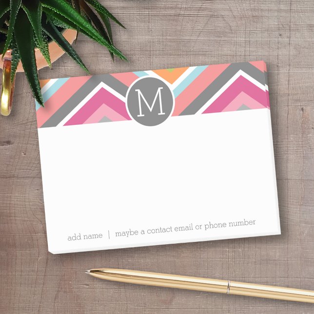 Colourful Chevron Pattern with Custom Monogram Post-it Notes (Personalized Post-It Notes - add you name or other text)