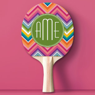 Colourful Chevron Pattern with Monogram Ping Pong Paddle
