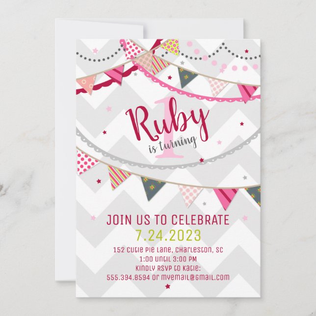Colourful Chevron & Pennants Birthday Invitation (Front)
