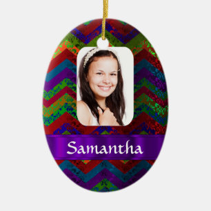 Colourful chevron photo template ceramic ornament