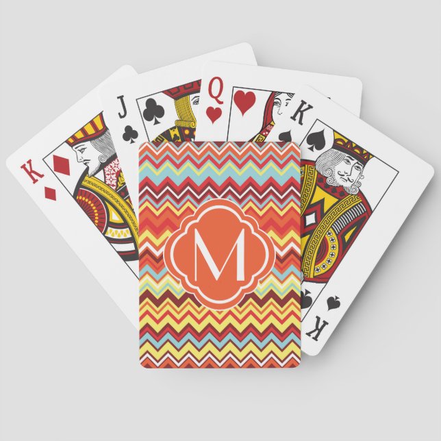 Colourful Chevron Zig Zag Pattern with Monogram Playing Cards (Back)