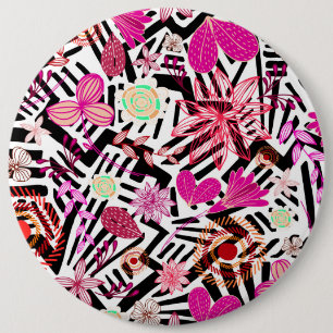 Colourful chic black white flowers pattern 6 inch round button
