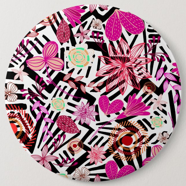 Colourful chic black white flowers pattern 6 inch round button (Front)