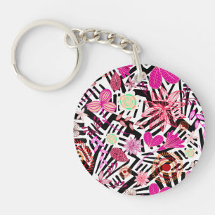 Colourful chic black white flowers pattern keychain
