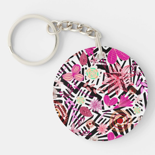 Colourful chic black white flowers pattern keychain (Front)