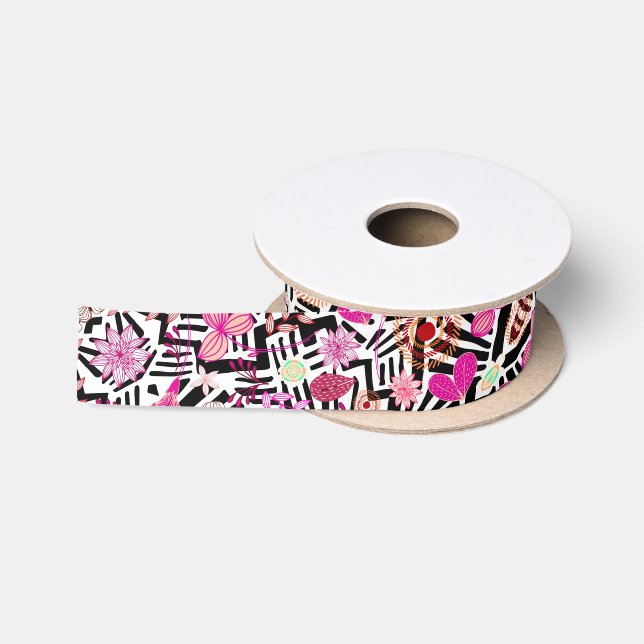 Colourful chic black white flowers pattern satin ribbon (Spool)
