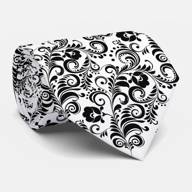 Colourful chic black white flowers pattern tie (Rolled)