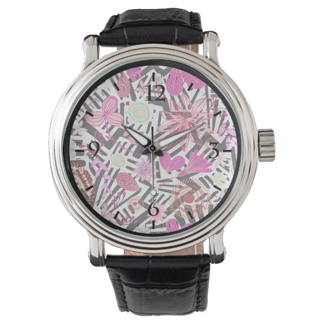 Colourful chic black white flowers pattern watch (Front)